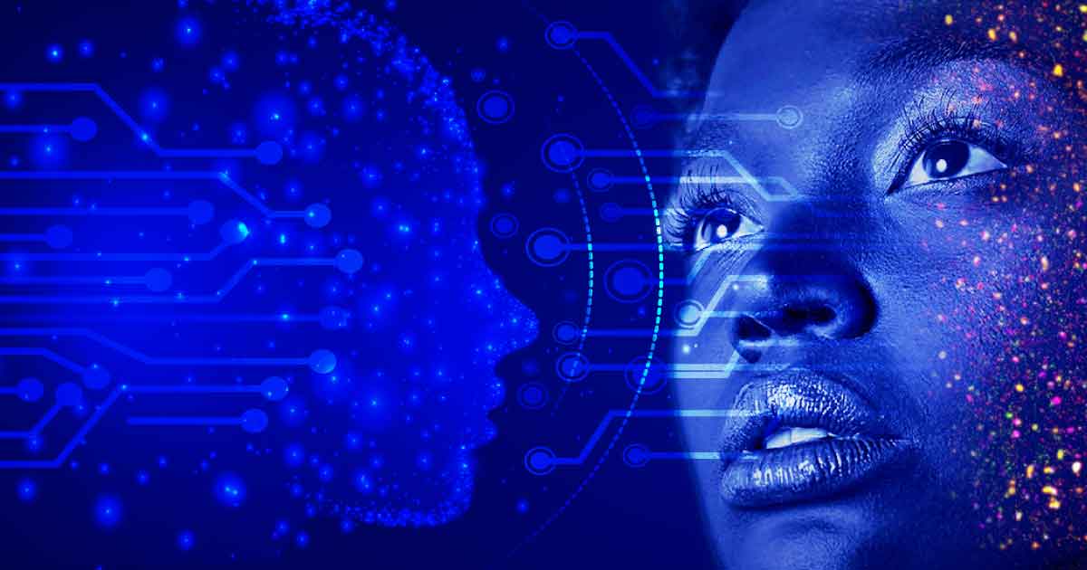 visuel représentant un face à face femme IA