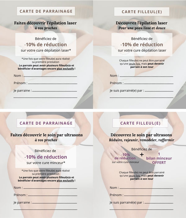 exemple cartes de parrainage épilation laser et soins minceur
