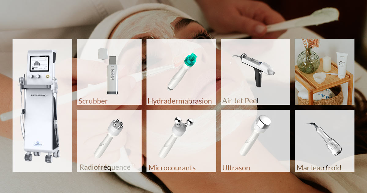 montage présentant les pièces à main de l'appareil soin visage professionnel estheskin 