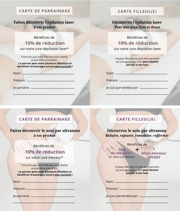 exemple cartes de parrainage épilation laser et soins minceur
